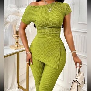 SHEIN Slayr Asymmetrical Neck Split Hem Ruched Top & Flare Leg Pants